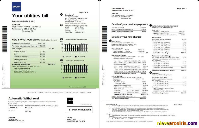 Canada Epcor electricity utility bill 3 pages 1 2